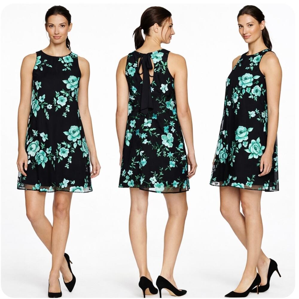 ICE Black Mesh Floral Embroidered Mini Cocktail Dress Teal Keyhole Back Bow M